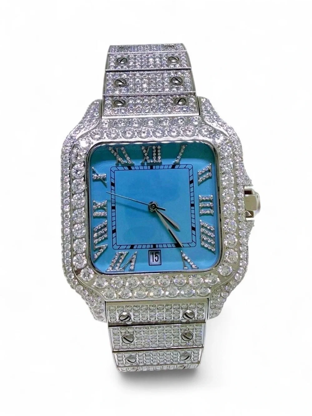Blue Dial Moissanite Automatic Square Watch Stainless Steel Roman Dial